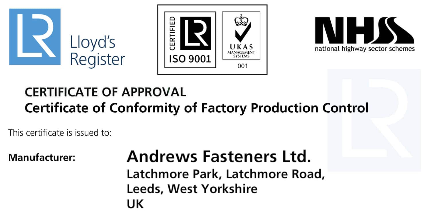 Andrews Fasteners Certificates ISO 9001:2015, NHSS3, CE/FPC CPR (2018)
